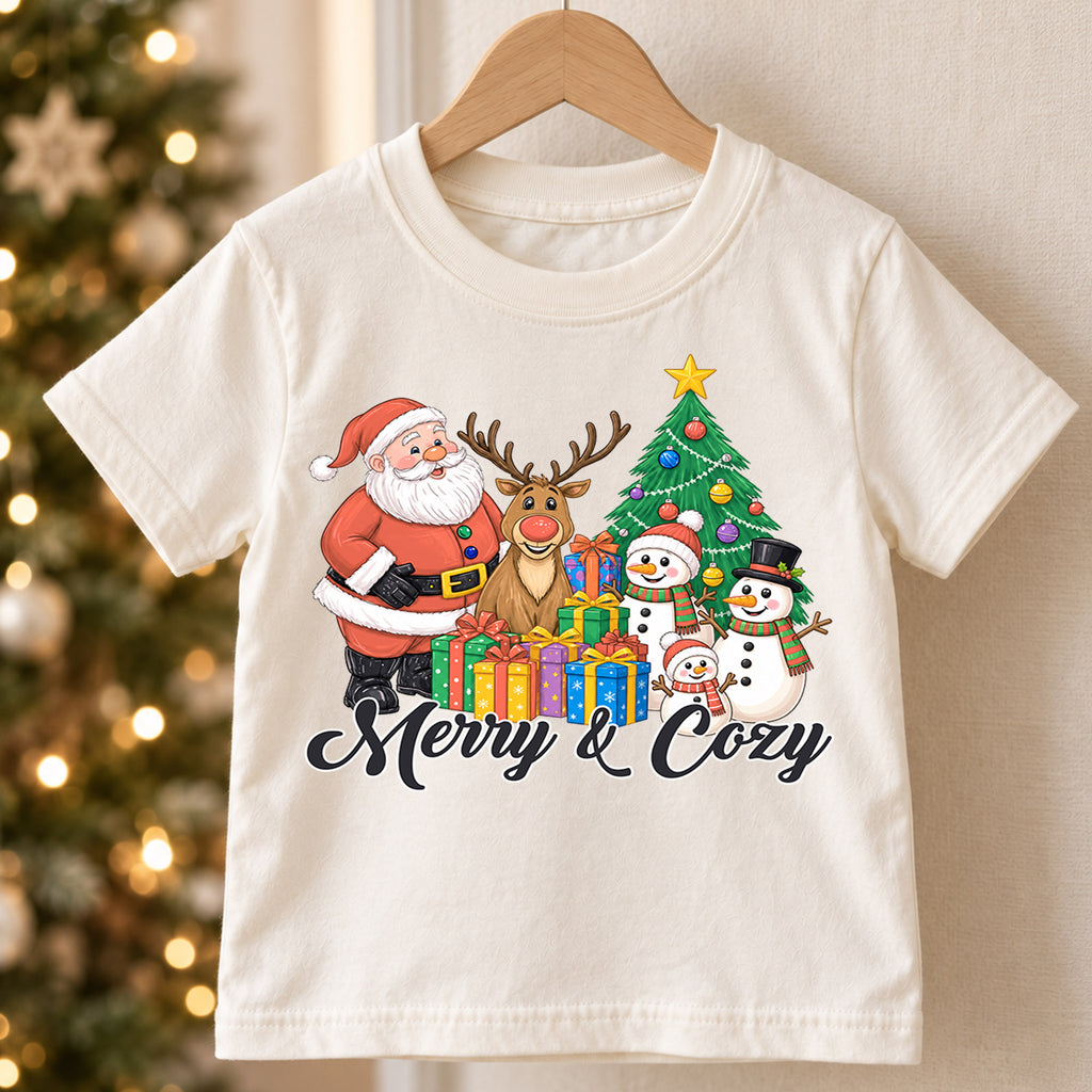 Merry and Cozy Kids Christmas Shirt, Santa Snowman Holiday Tee, Festive Christmas Outfit, Holiday Gift for Kids Cute Holiday Gift Idea — product view 5