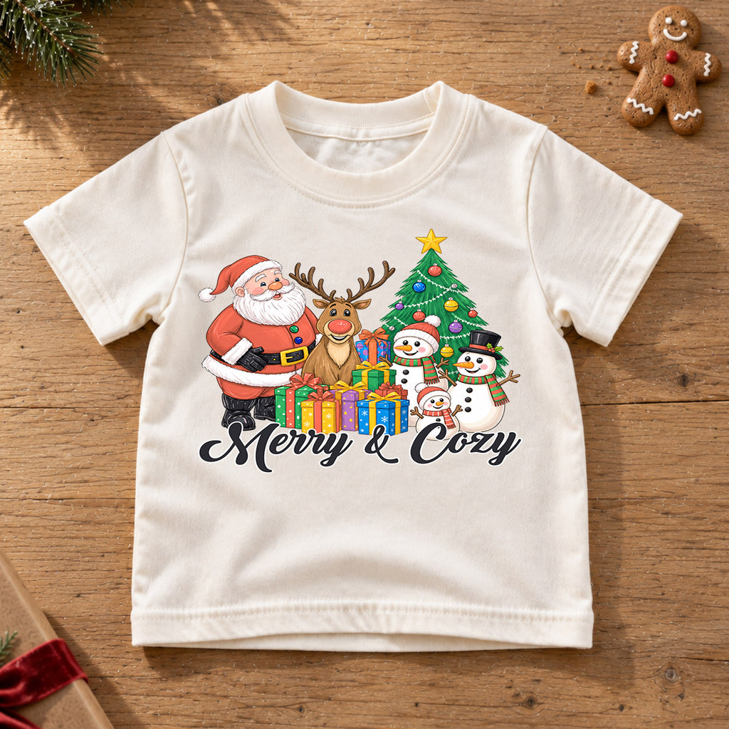 Merry and Cozy Kids Christmas Shirt, Santa Snowman Holiday Tee, Festive Christmas Outfit, Holiday Gift for Kids Cute Holiday Gift Idea — product view 6