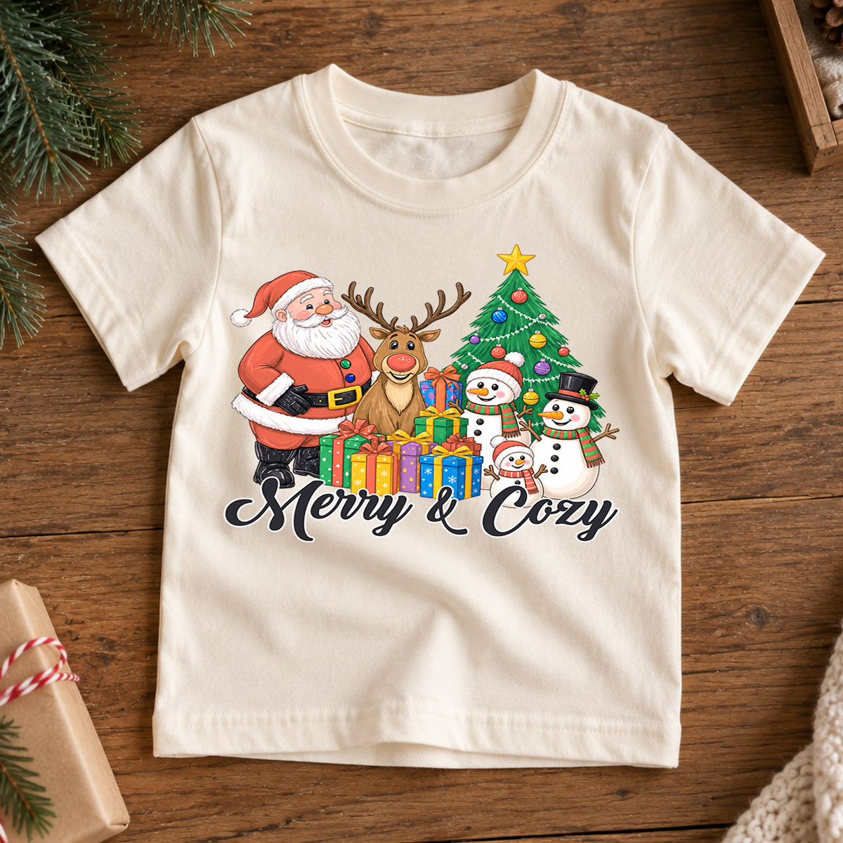 Merry and Cozy Kids Christmas Shirt, Santa Snowman Holiday Tee, Festive Christmas Outfit, Holiday Gift for Kids Cute Holiday Gift Idea — product view 7