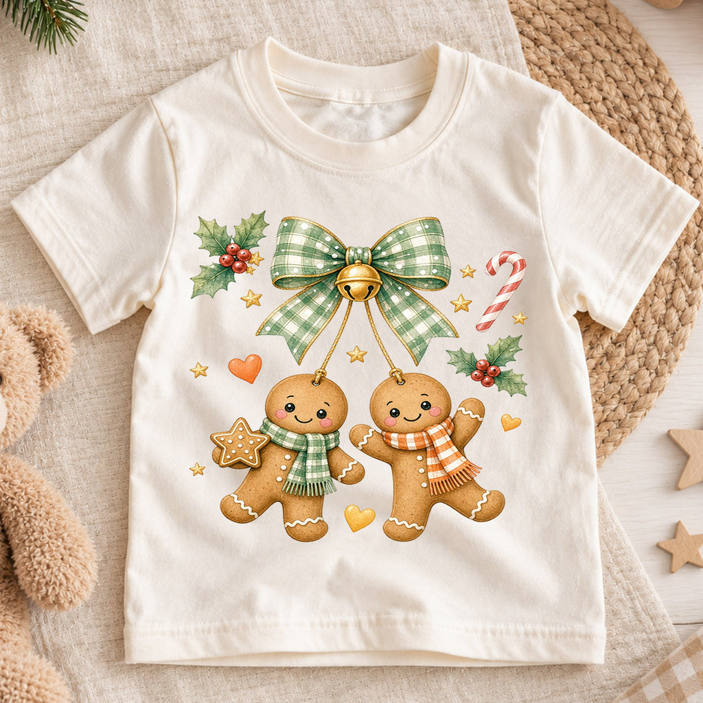 Gingerbread Christmas Kids Shirt, Cute Bow Holiday Cookie Tee, Festive Christmas Outfit, Holiday Gift for Girls Festive Holiday Gift Idea — product view 1
