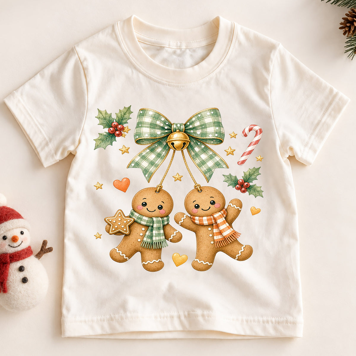 Gingerbread Christmas Kids Shirt, Cute Bow Holiday Cookie Tee, Festive Christmas Outfit, Holiday Gift for Girls Festive Holiday Gift Idea — product view 2