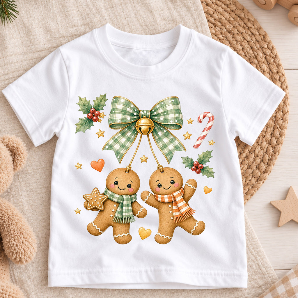 Gingerbread Christmas Kids Shirt, Cute Bow Holiday Cookie Tee, Festive Christmas Outfit, Holiday Gift for Girls Festive Holiday Gift Idea — product view 3