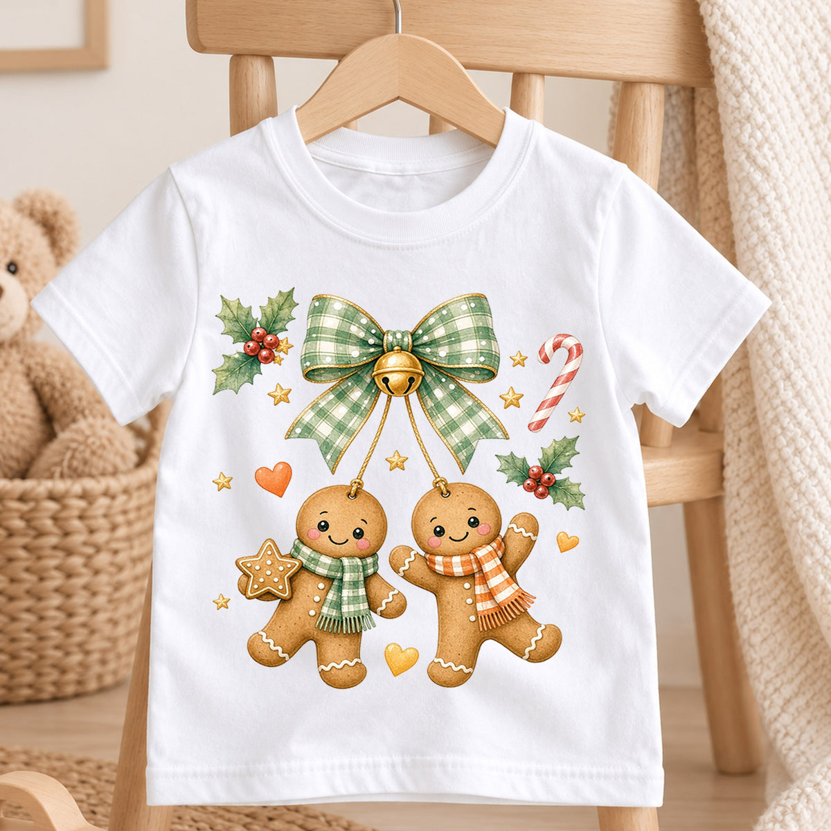 Gingerbread Christmas Kids Shirt, Cute Bow Holiday Cookie Tee, Festive Christmas Outfit, Holiday Gift for Girls Festive Holiday Gift Idea — product view 4