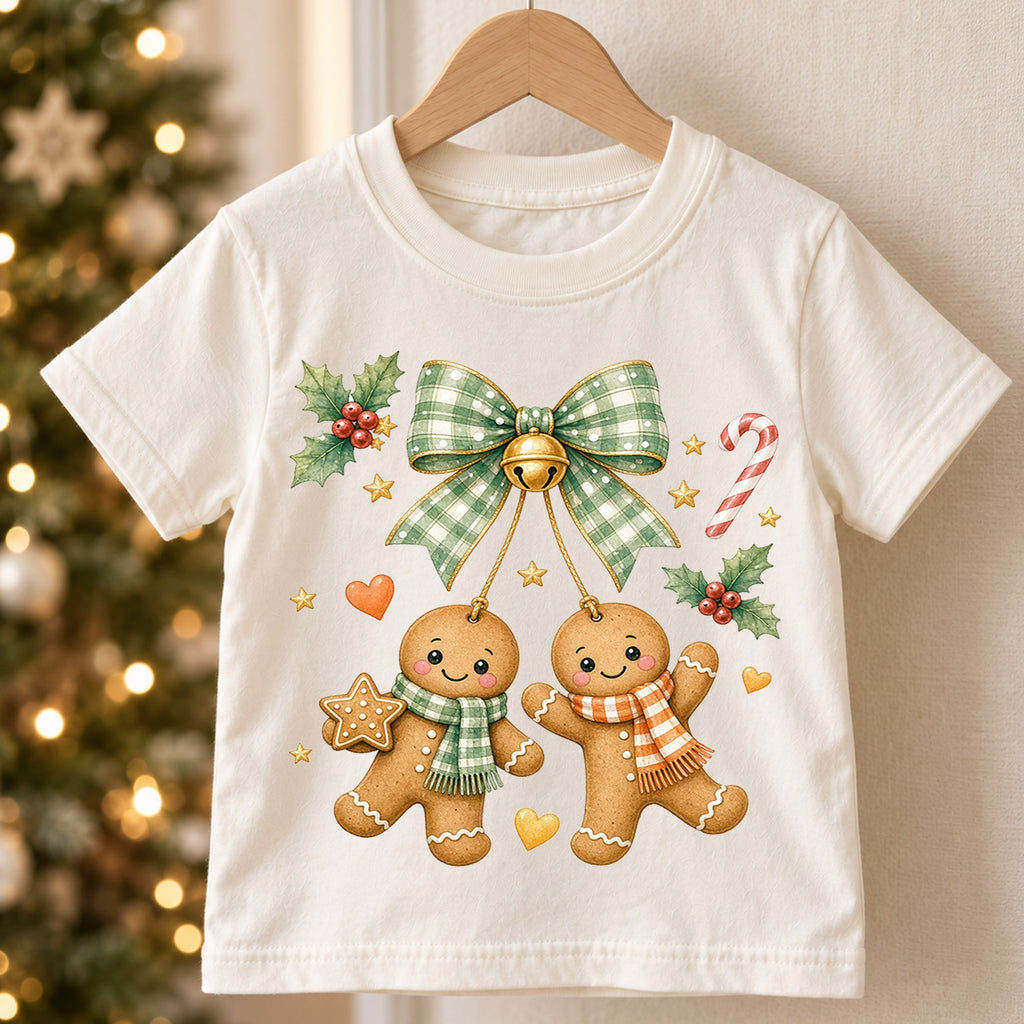Gingerbread Christmas Kids Shirt, Cute Bow Holiday Cookie Tee, Festive Christmas Outfit, Holiday Gift for Girls Festive Holiday Gift Idea — product view 5