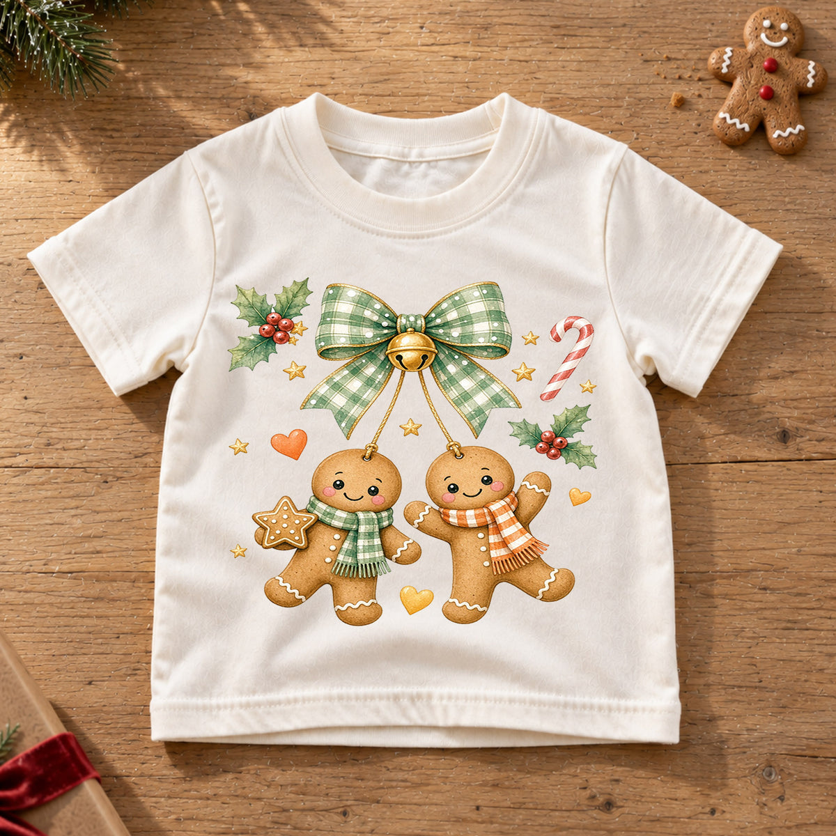 Gingerbread Christmas Kids Shirt, Cute Bow Holiday Cookie Tee, Festive Christmas Outfit, Holiday Gift for Girls Festive Holiday Gift Idea — product view 6
