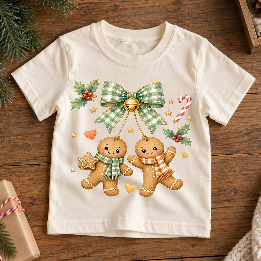 Gingerbread Christmas Kids Shirt, Cute Bow Holiday Cookie Tee, Festive Christmas Outfit, Holiday Gift for Girls Festive Holiday Gift Idea — product view 7