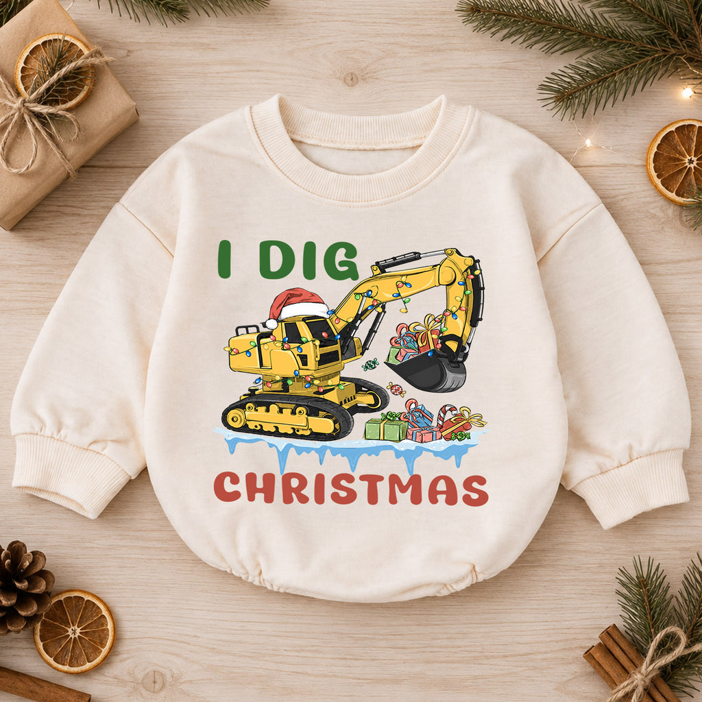 I Dig Christmas Excavator Baby Romper, Construction 1st Birthday Outfit, Baby 1st Christmas Digger Romper, Holiday Gift for Boys — product view 1