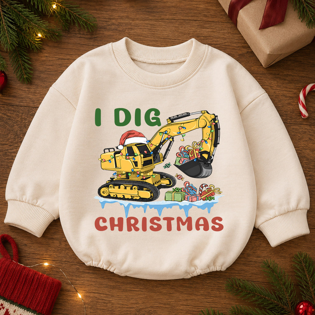 I Dig Christmas Excavator Baby Romper, Construction 1st Birthday Outfit, Baby 1st Christmas Digger Romper, Holiday Gift for Boys — product view 2