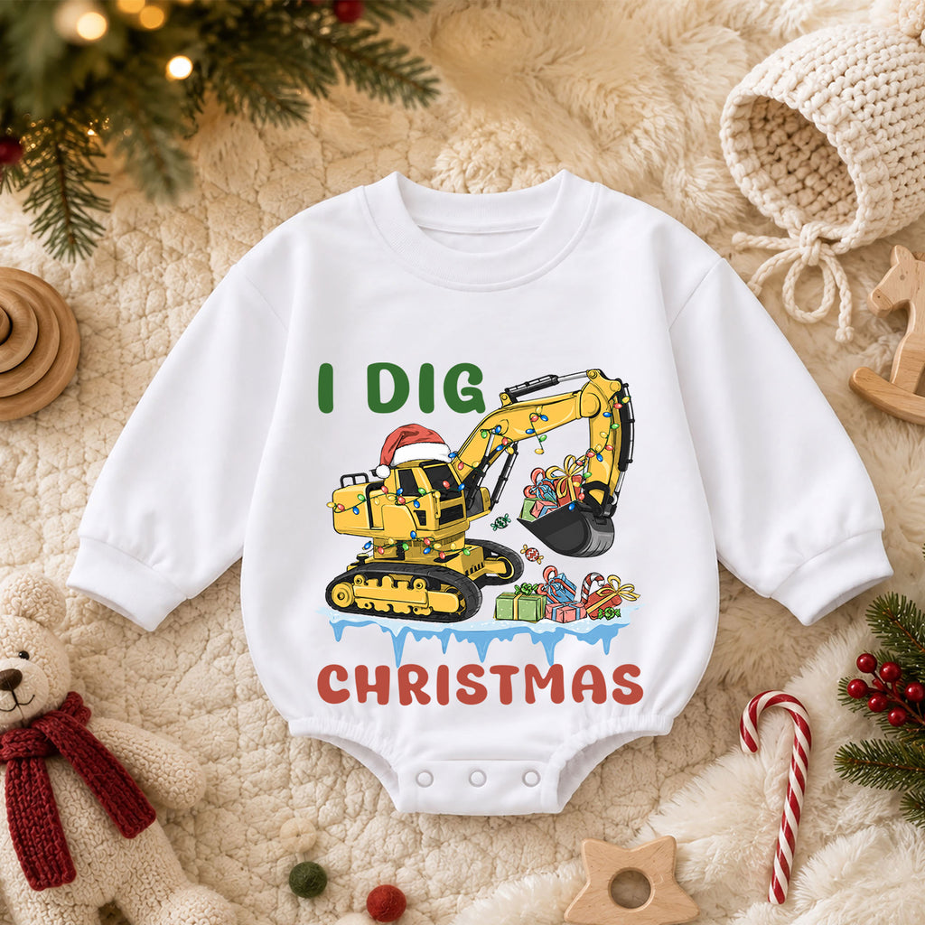 I Dig Christmas Excavator Baby Romper, Construction 1st Birthday Outfit, Baby 1st Christmas Digger Romper, Holiday Gift for Boys — product view 3