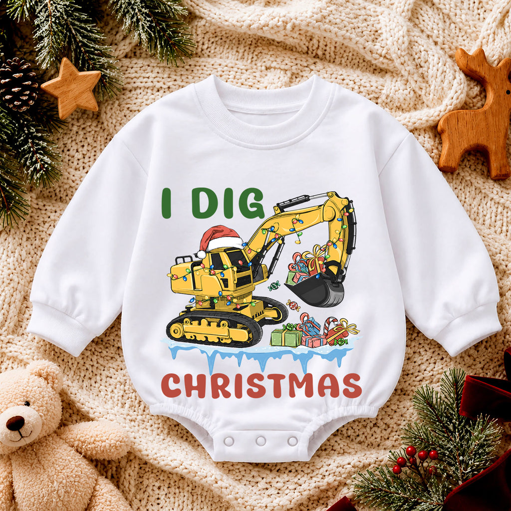 I Dig Christmas Excavator Baby Romper, Construction 1st Birthday Outfit, Baby 1st Christmas Digger Romper, Holiday Gift for Boys — product view 4