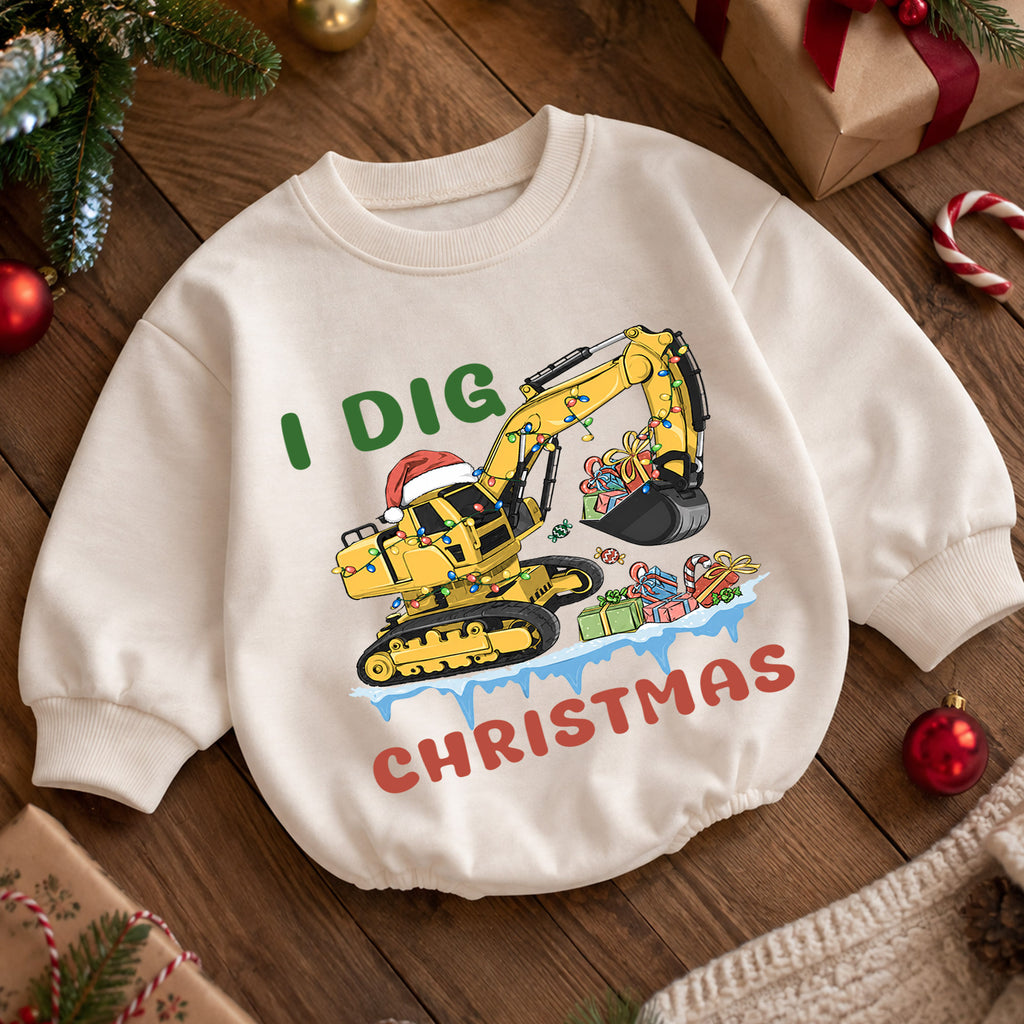 I Dig Christmas Excavator Baby Romper, Construction 1st Birthday Outfit, Baby 1st Christmas Digger Romper, Holiday Gift for Boys — product view 5