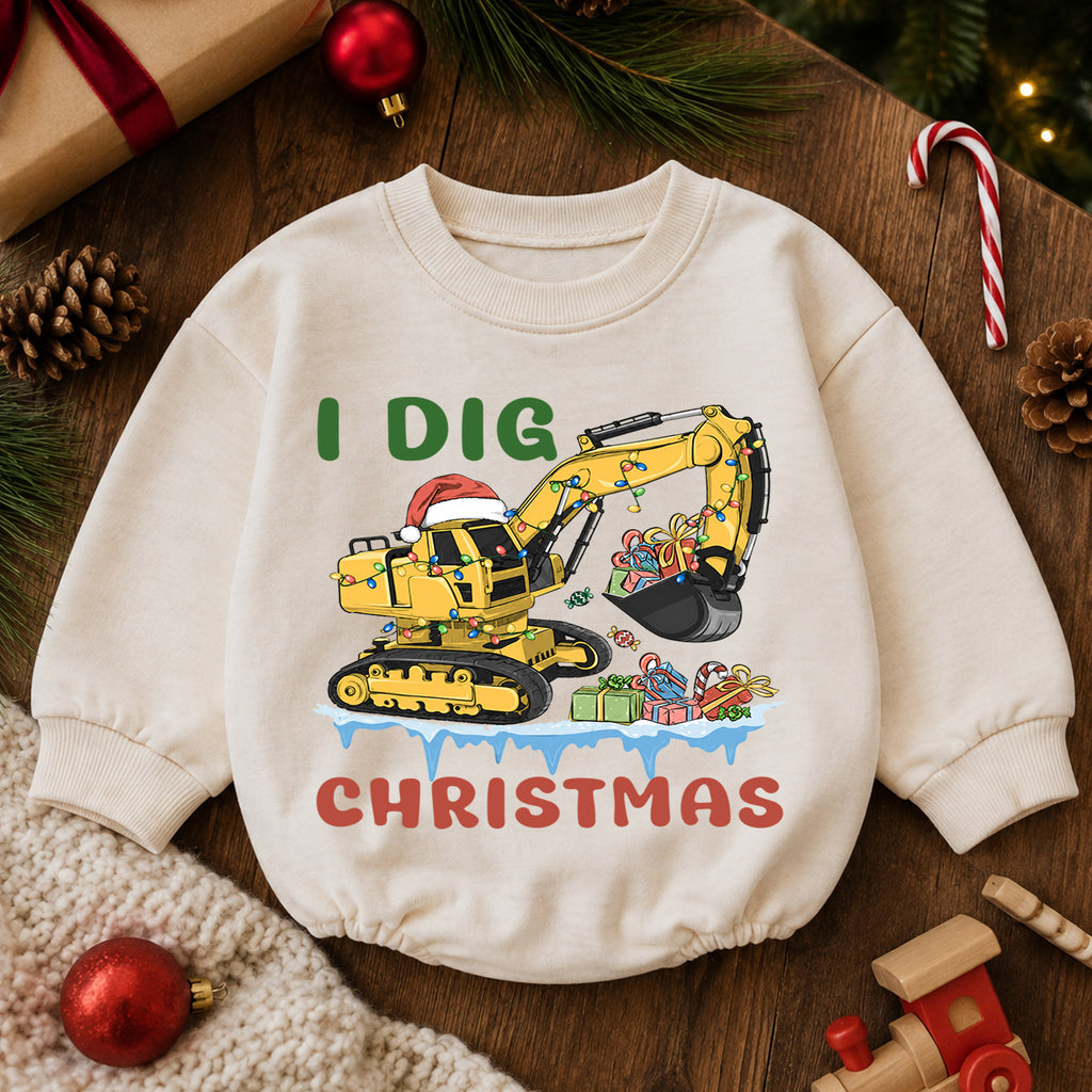 I Dig Christmas Excavator Baby Romper, Construction 1st Birthday Outfit, Baby 1st Christmas Digger Romper, Holiday Gift for Boys — product view 6