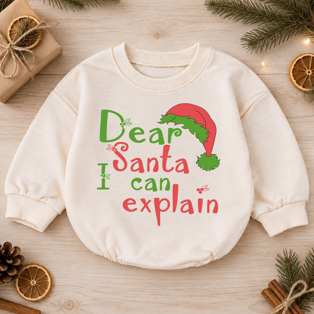 Dear Santa I Can Explain Baby Romper, Funny Christmas Quote Outfit, Cute Holiday Romper, Toddler Xmas Gift, 1st Christmas — product view 1