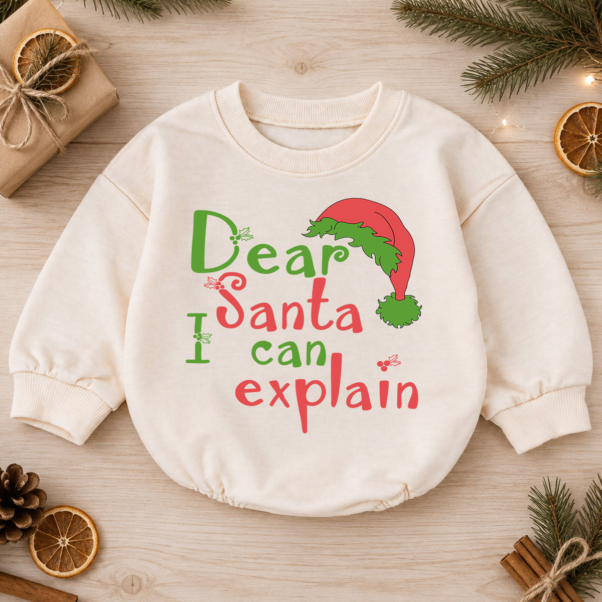 Dear Santa I Can Explain Baby Romper, Funny Christmas Quote Outfit, Cute Holiday Romper, Toddler Xmas Gift, 1st Christmas — product view 1