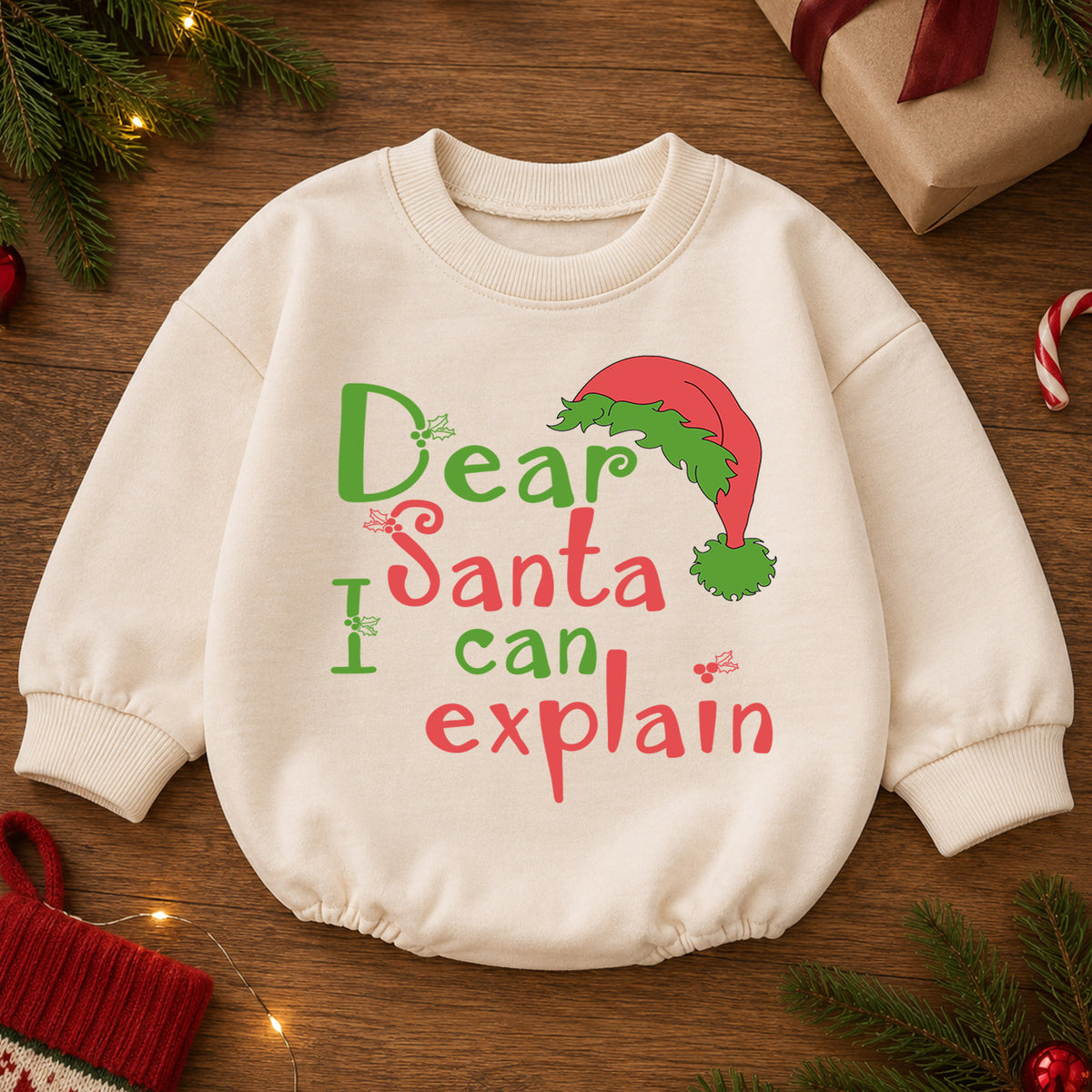 Dear Santa I Can Explain Baby Romper, Funny Christmas Quote Outfit, Cute Holiday Romper, Toddler Xmas Gift, 1st Christmas — product view 2
