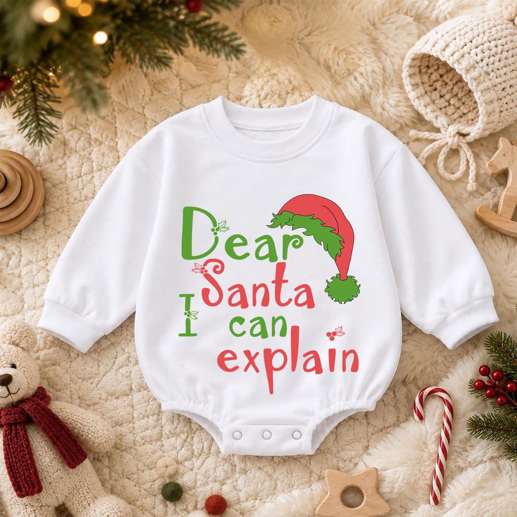 Dear Santa I Can Explain Baby Romper, Funny Christmas Quote Outfit, Cute Holiday Romper, Toddler Xmas Gift, 1st Christmas — product view 3