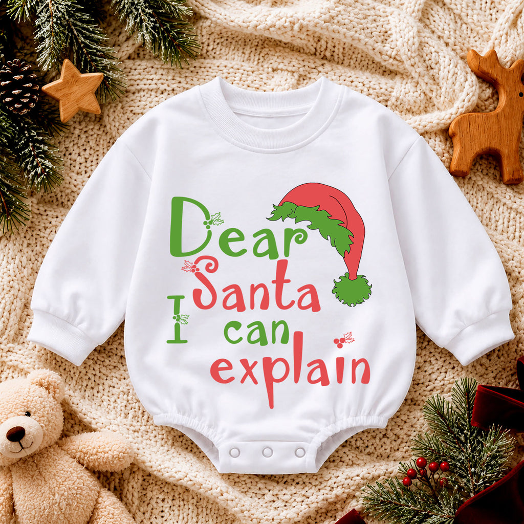 Dear Santa I Can Explain Baby Romper, Funny Christmas Quote Outfit, Cute Holiday Romper, Toddler Xmas Gift, 1st Christmas — product view 4