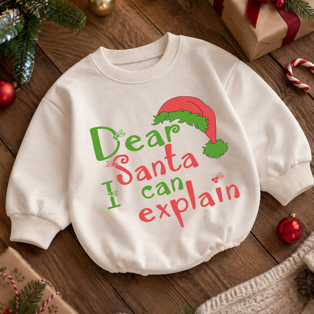 Dear Santa I Can Explain Baby Romper, Funny Christmas Quote Outfit, Cute Holiday Romper, Toddler Xmas Gift, 1st Christmas — product view 5