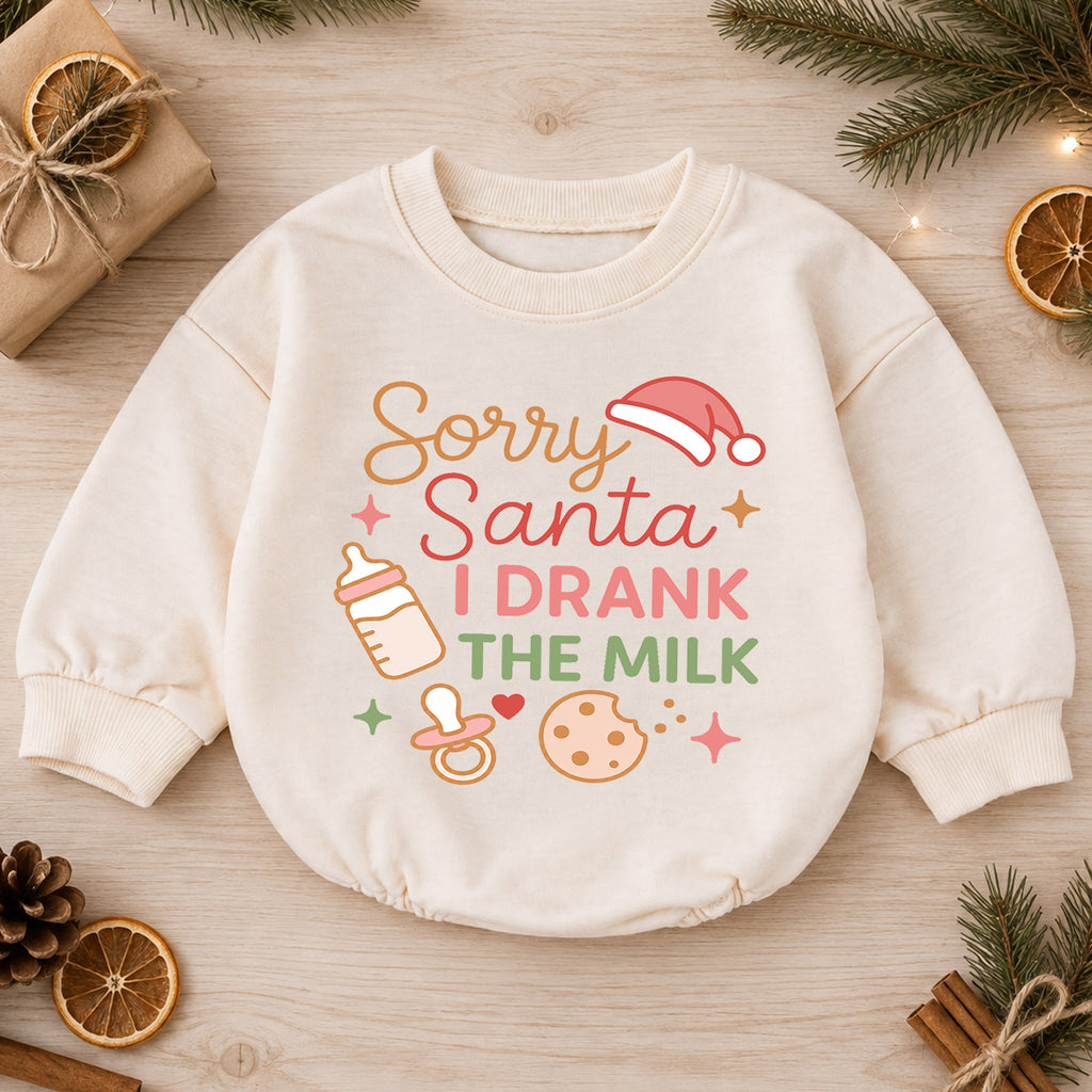 Sorry Santa I Drank the Milk Baby Romper, Cute Baby Christmas Quote Outfit, Holiday Romper, 1st Christmas, 1st Birthday — product view 1