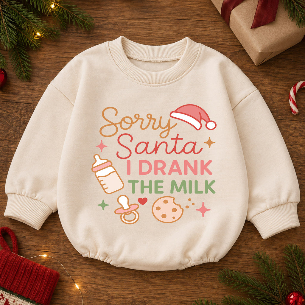 Sorry Santa I Drank the Milk Baby Romper, Cute Baby Christmas Quote Outfit, Holiday Romper, 1st Christmas, 1st Birthday — product view 2
