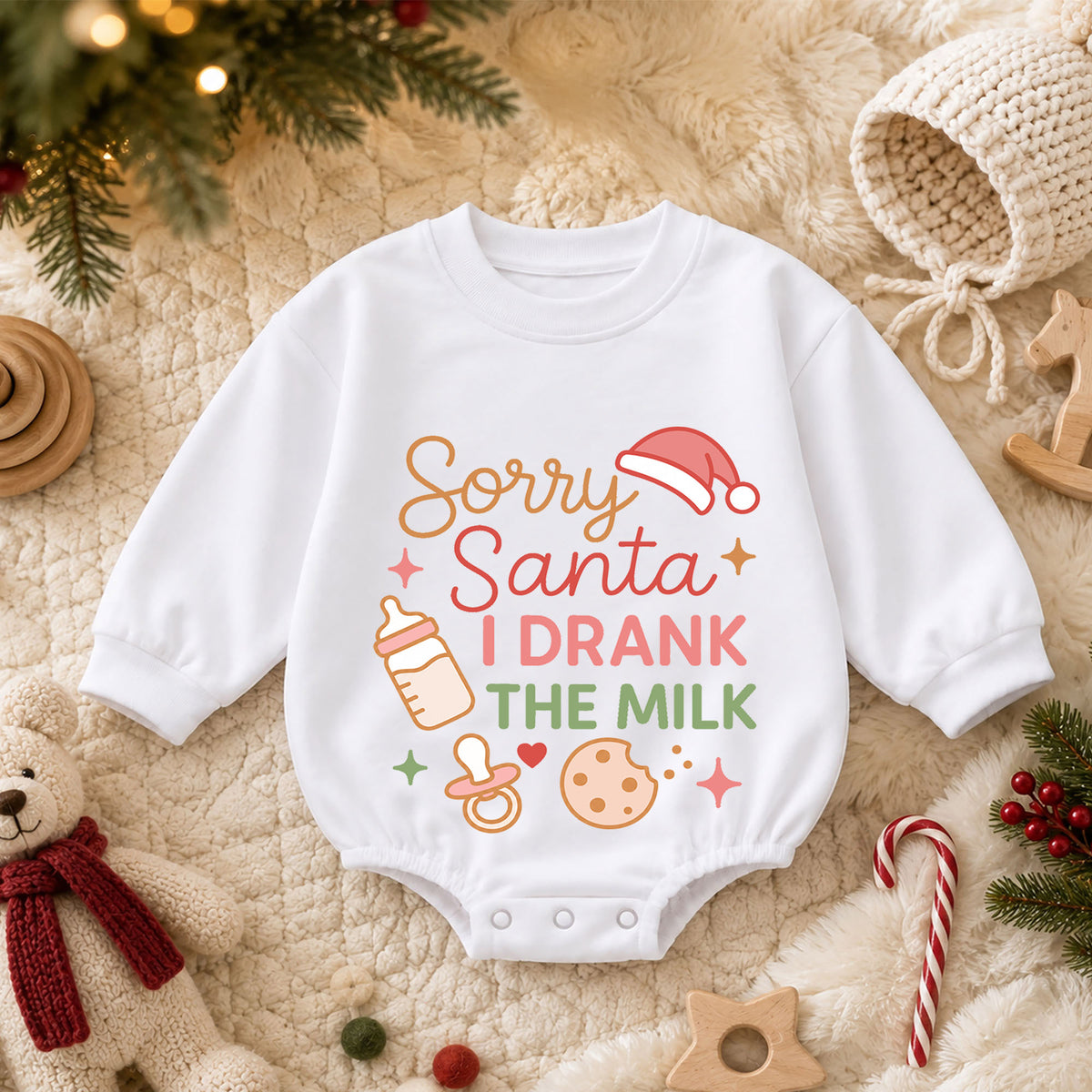 Sorry Santa I Drank the Milk Baby Romper, Cute Baby Christmas Quote Outfit, Holiday Romper, 1st Christmas, 1st Birthday — product view 3