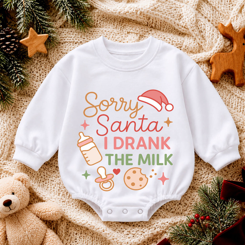 Sorry Santa I Drank the Milk Baby Romper, Cute Baby Christmas Quote Outfit, Holiday Romper, 1st Christmas, 1st Birthday — product view 4