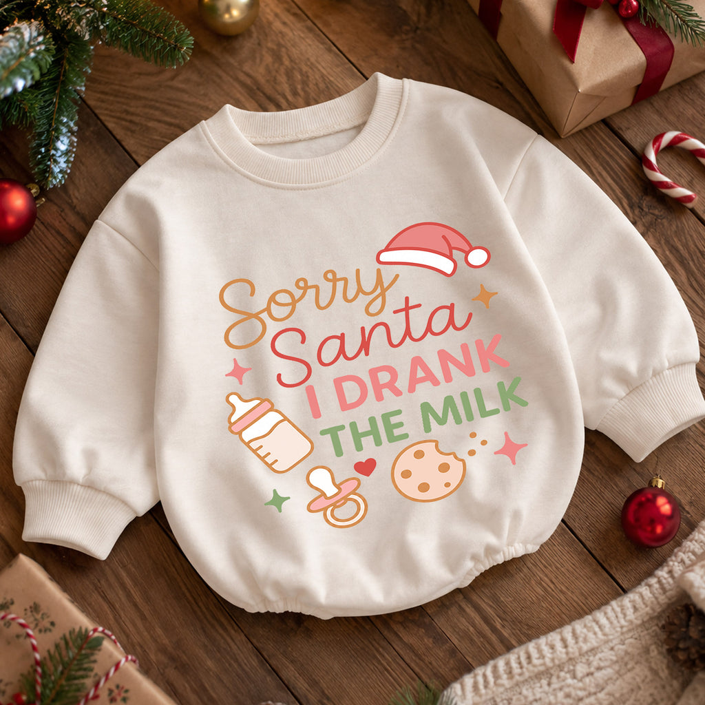 Sorry Santa I Drank the Milk Baby Romper, Cute Baby Christmas Quote Outfit, Holiday Romper, 1st Christmas, 1st Birthday — product view 5