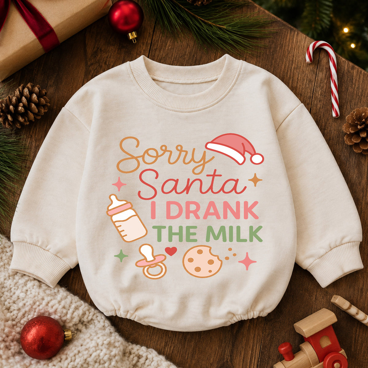 Sorry Santa I Drank the Milk Baby Romper, Cute Baby Christmas Quote Outfit, Holiday Romper, 1st Christmas, 1st Birthday — product view 6
