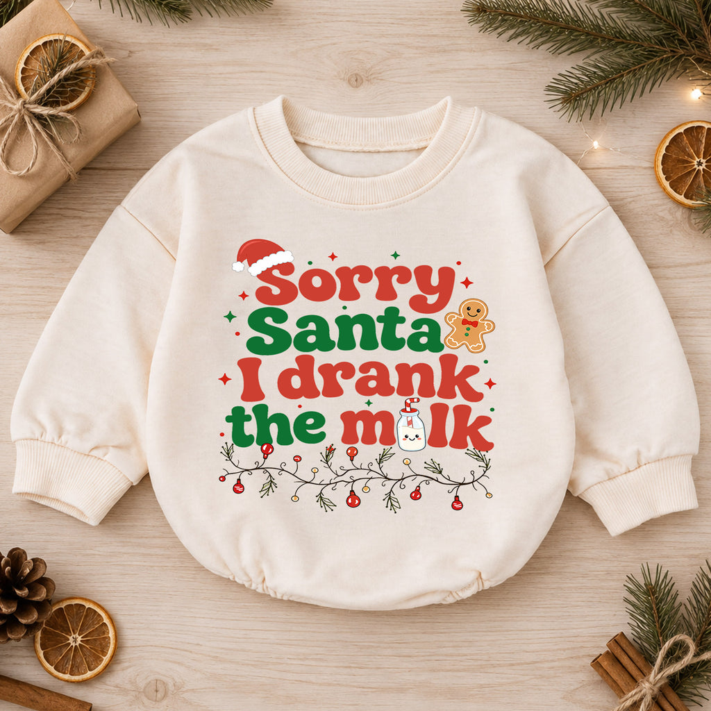 Funny Christmas Baby Romper, Sorry Santa I Drank the Milk Quote Outfit, Retro Holiday Romper, Toddler Xmas Gift, 1st Christmas — product view 1