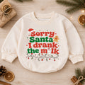 Funny Christmas Baby Romper, Sorry Santa I Drank the Milk Quote Outfit, Retro Holiday Romper, Toddler Xmas Gift, 1st Christmas — product view 1
