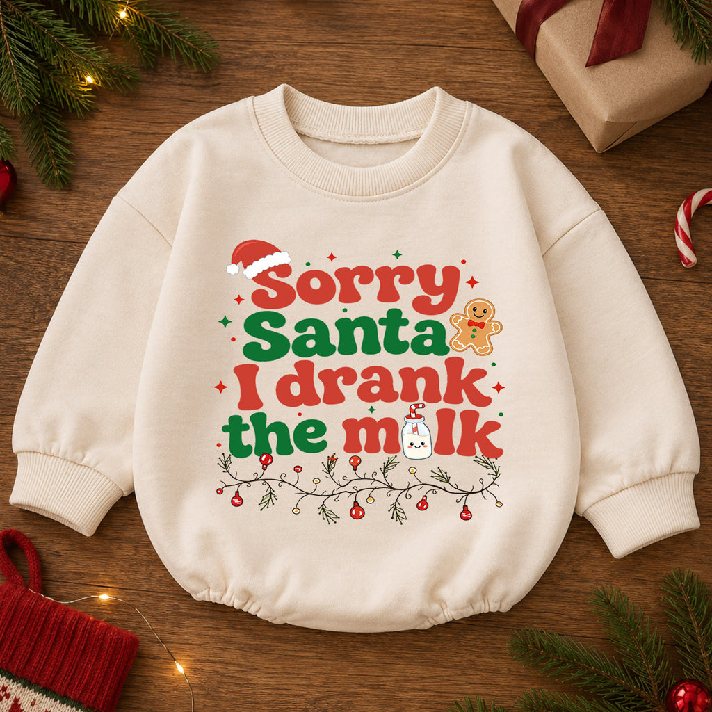 Funny Christmas Baby Romper, Sorry Santa I Drank the Milk Quote Outfit, Retro Holiday Romper, Toddler Xmas Gift, 1st Christmas — product view 2