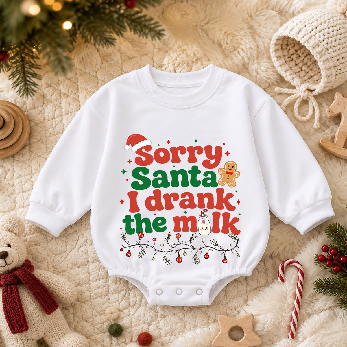 Funny Christmas Baby Romper, Sorry Santa I Drank the Milk Quote Outfit, Retro Holiday Romper, Toddler Xmas Gift, 1st Christmas — product view 3