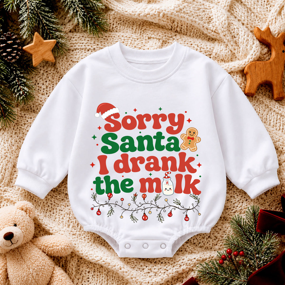 Funny Christmas Baby Romper, Sorry Santa I Drank the Milk Quote Outfit, Retro Holiday Romper, Toddler Xmas Gift, 1st Christmas — product view 4