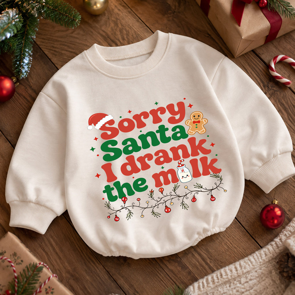 Funny Christmas Baby Romper, Sorry Santa I Drank the Milk Quote Outfit, Retro Holiday Romper, Toddler Xmas Gift, 1st Christmas — product view 5