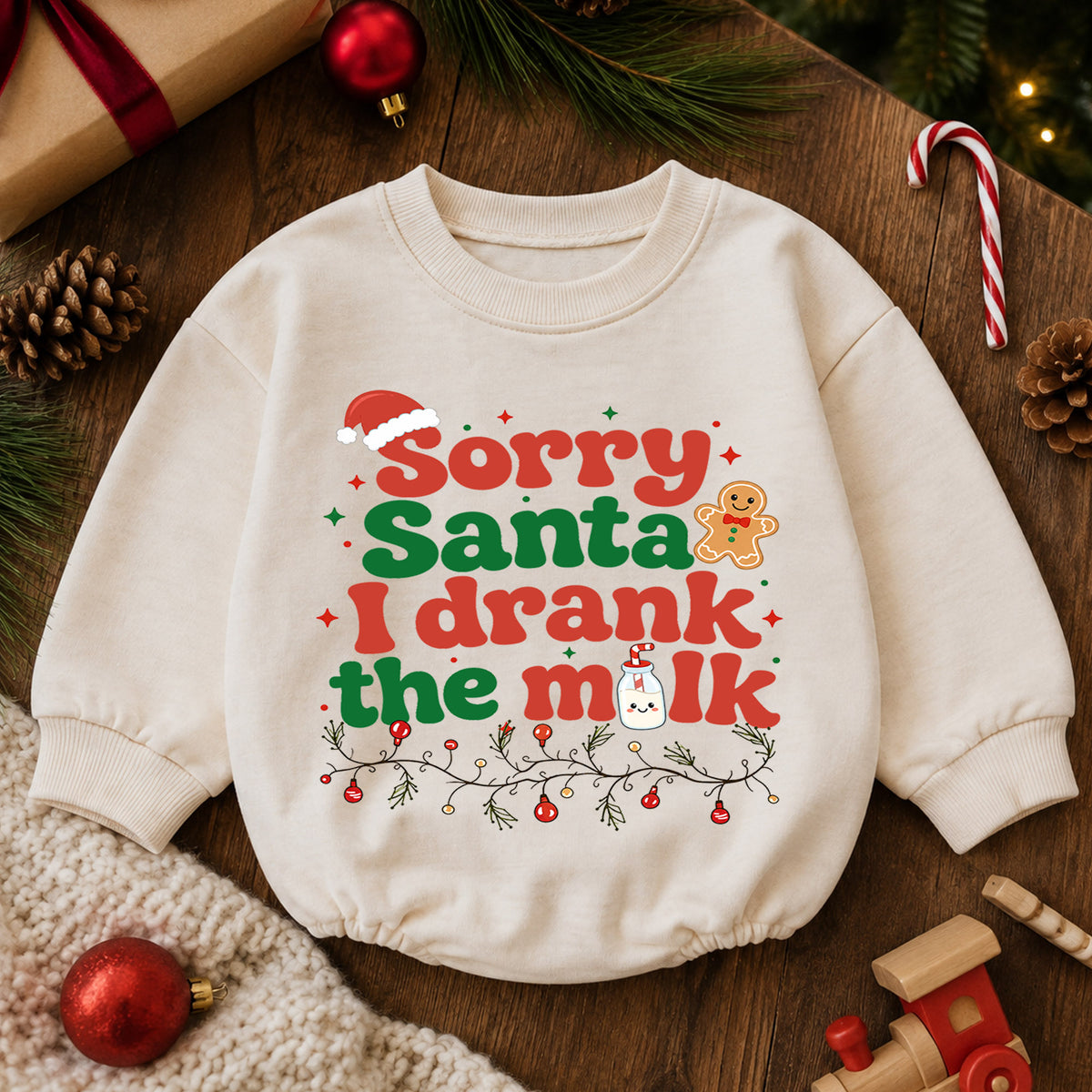 Funny Christmas Baby Romper, Sorry Santa I Drank the Milk Quote Outfit, Retro Holiday Romper, Toddler Xmas Gift, 1st Christmas — product view 6