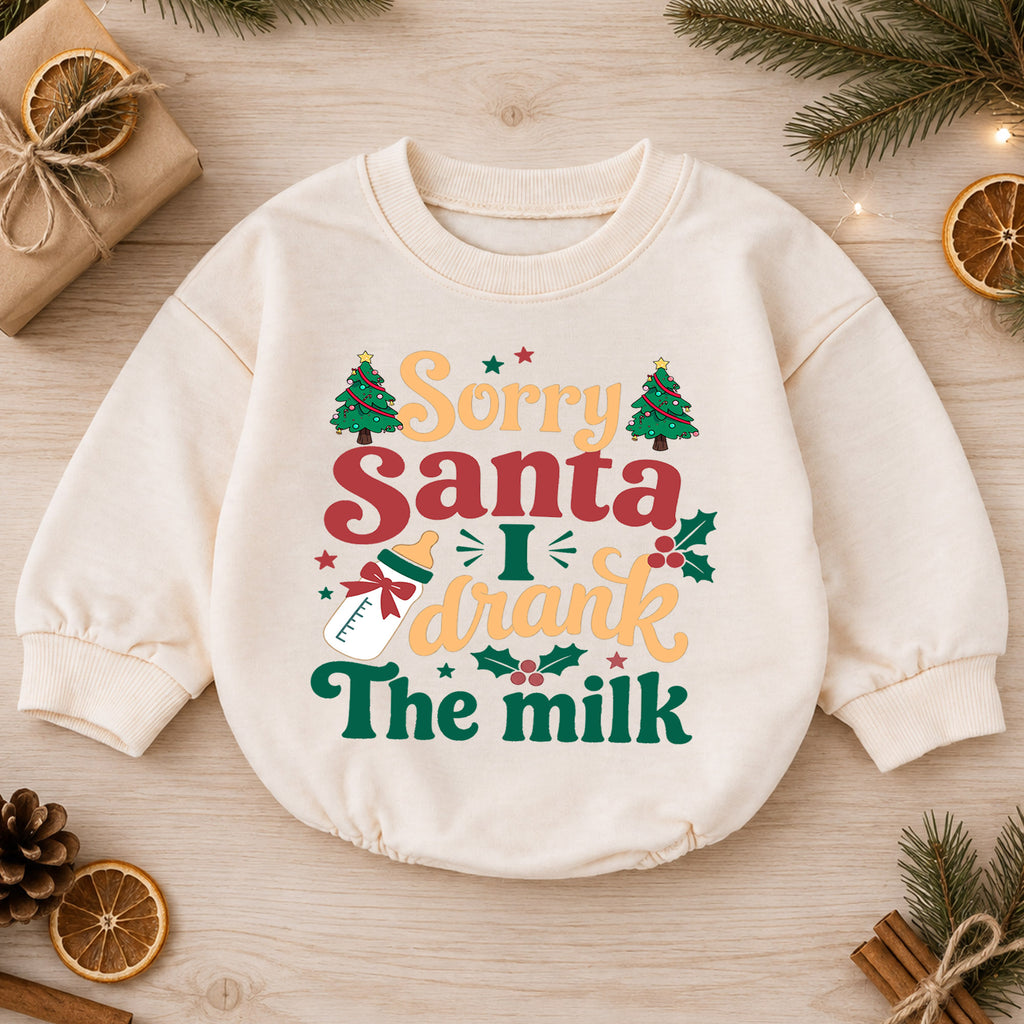 Christmas Baby Romper, Sorry Santa I Drank the Milk Retro Outfit, Funny Holiday Romper, Toddler Xmas Gift, 1st Christmas — product view 1