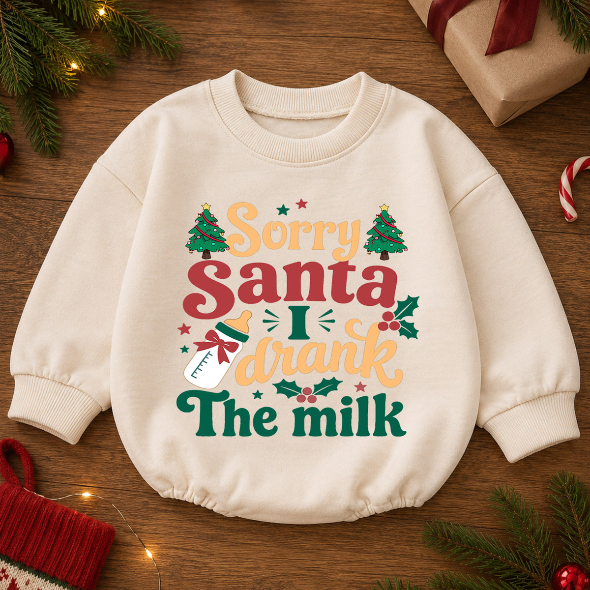 Christmas Baby Romper, Sorry Santa I Drank the Milk Retro Outfit, Funny Holiday Romper, Toddler Xmas Gift, 1st Christmas — product view 2