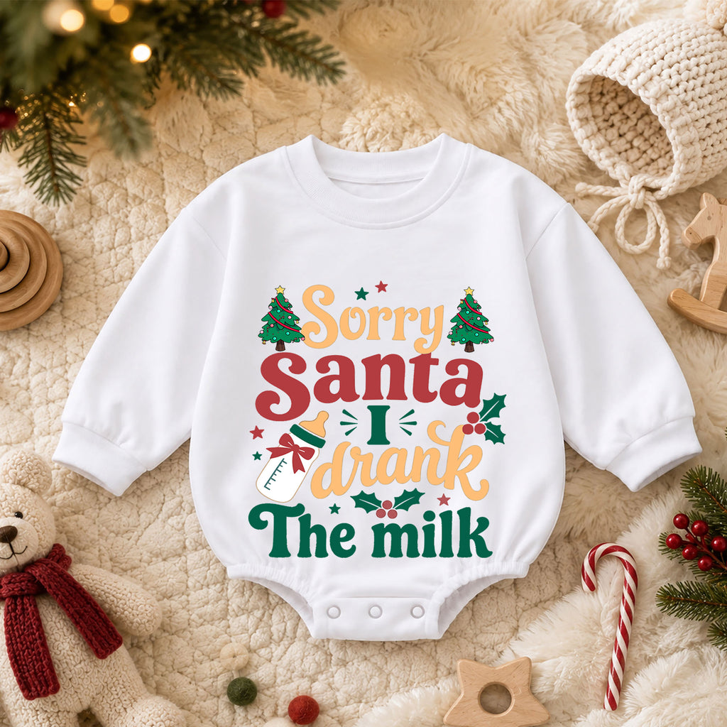 Christmas Baby Romper, Sorry Santa I Drank the Milk Retro Outfit, Funny Holiday Romper, Toddler Xmas Gift, 1st Christmas — product view 3