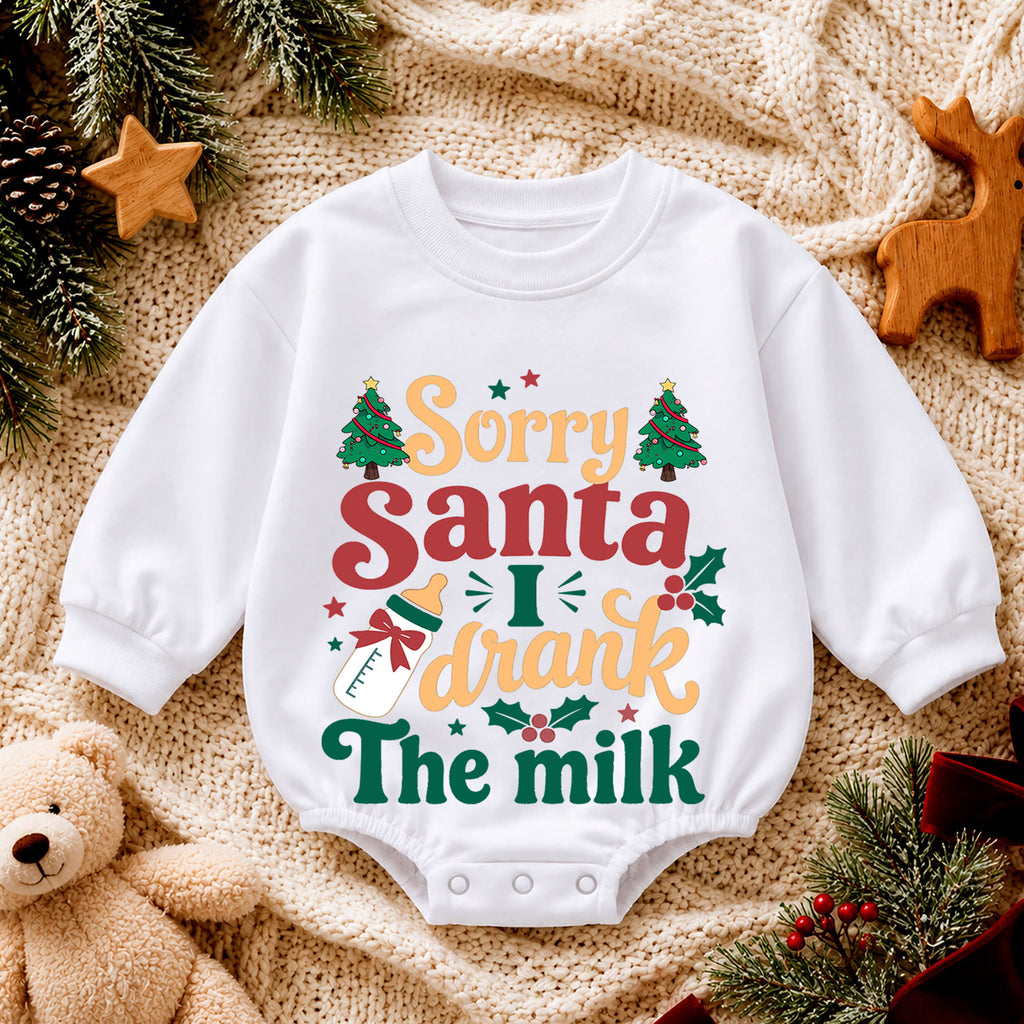 Christmas Baby Romper, Sorry Santa I Drank the Milk Retro Outfit, Funny Holiday Romper, Toddler Xmas Gift, 1st Christmas — product view 4