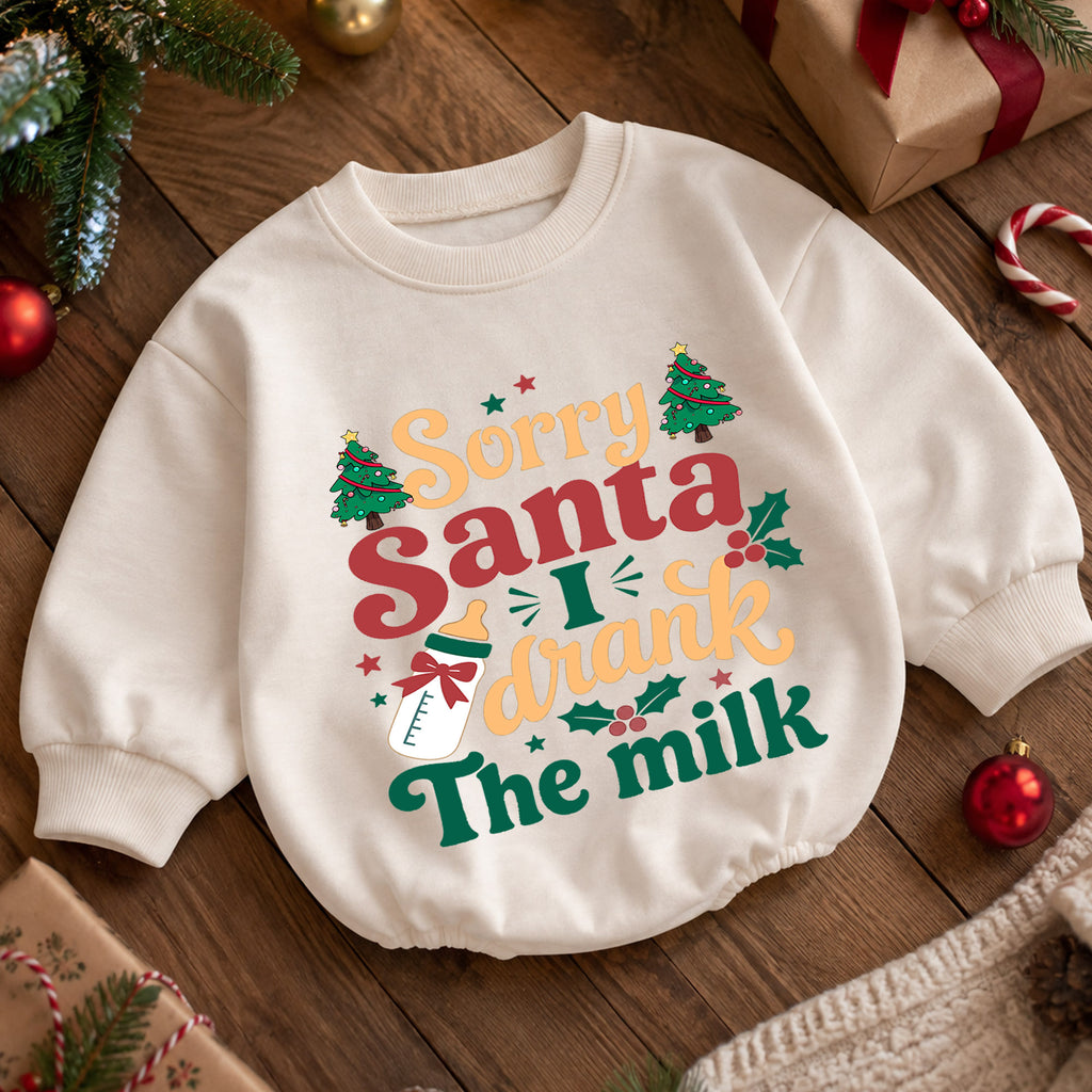 Christmas Baby Romper, Sorry Santa I Drank the Milk Retro Outfit, Funny Holiday Romper, Toddler Xmas Gift, 1st Christmas — product view 5