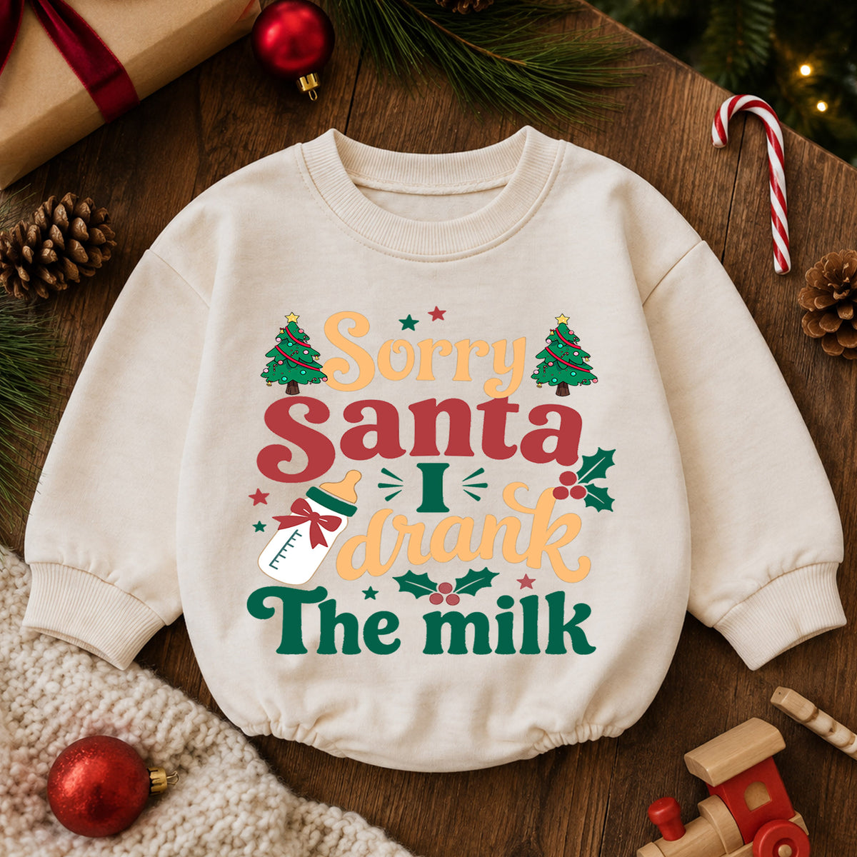 Christmas Baby Romper, Sorry Santa I Drank the Milk Retro Outfit, Funny Holiday Romper, Toddler Xmas Gift, 1st Christmas — product view 6