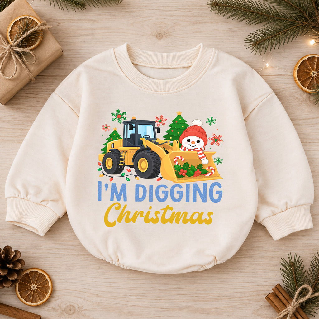 I'm Digging Christmas Baby Romper, Construction Loader Holiday Outfit, Snowman Toddler Christmas Romper, Cute 1st Christmas Gift — product view 1