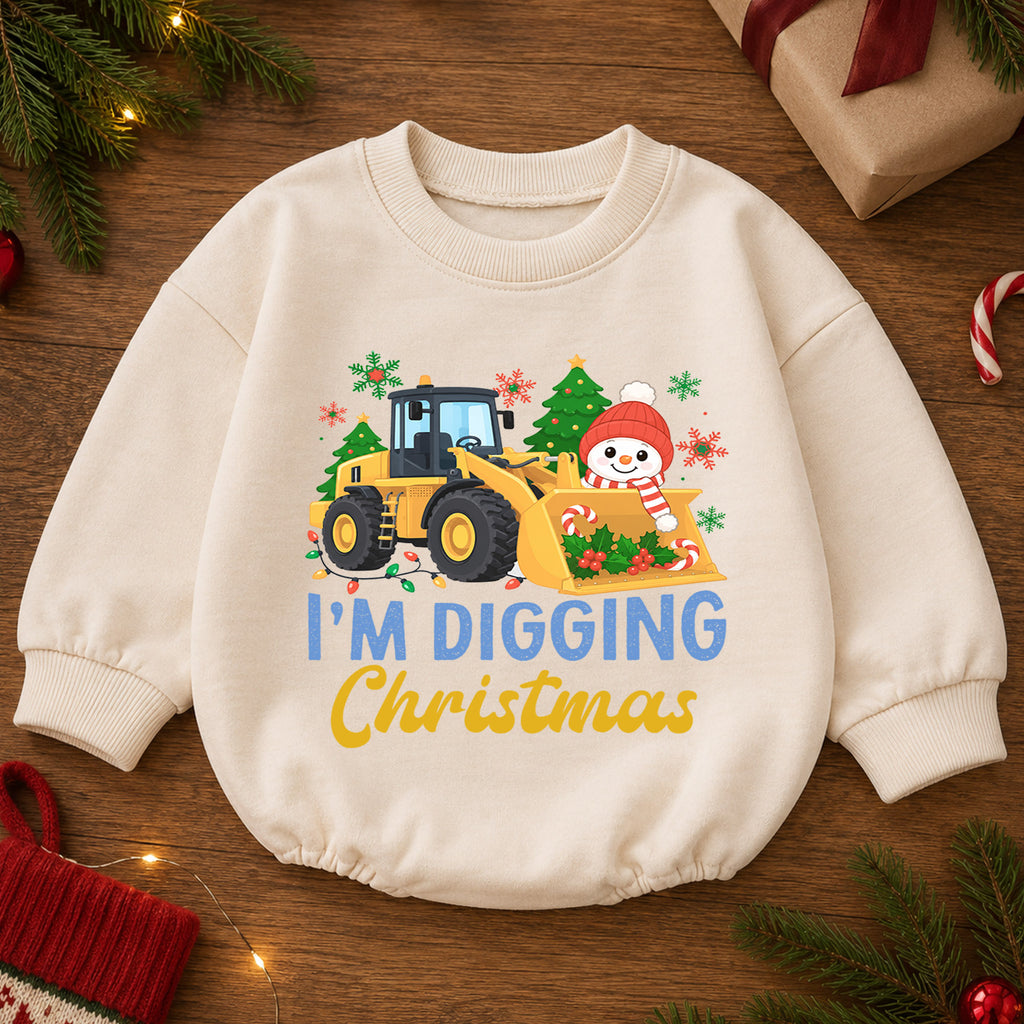 I'm Digging Christmas Baby Romper, Construction Loader Holiday Outfit, Snowman Toddler Christmas Romper, Cute 1st Christmas Gift — product view 2