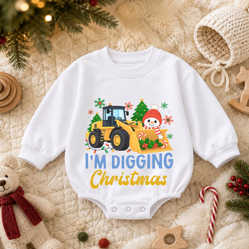 I'm Digging Christmas Baby Romper, Construction Loader Holiday Outfit, Snowman Toddler Christmas Romper, Cute 1st Christmas Gift — product view 3