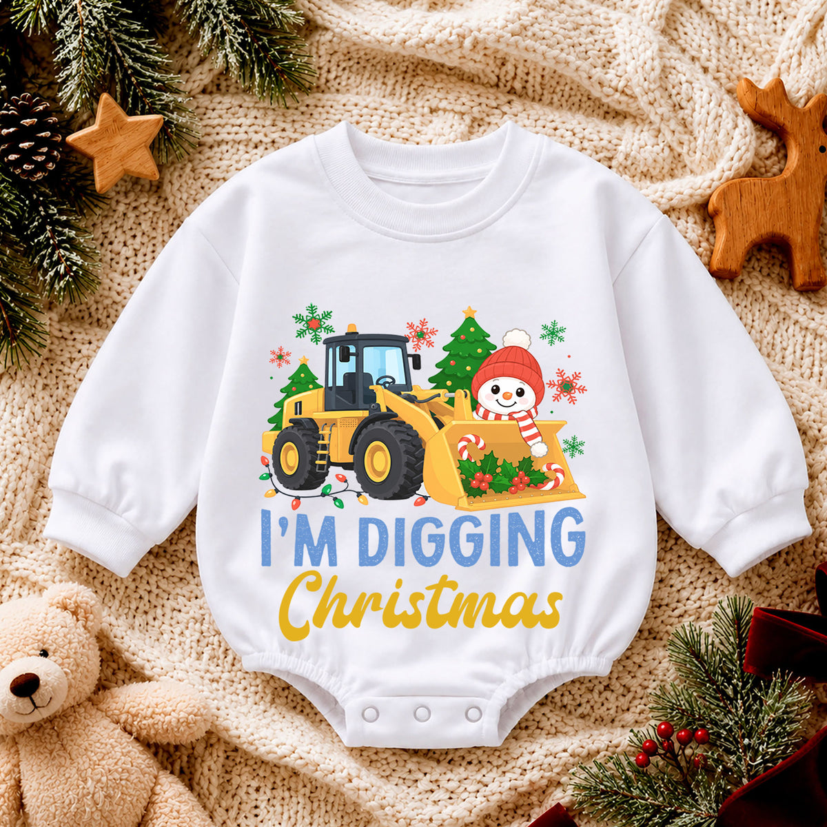 I'm Digging Christmas Baby Romper, Construction Loader Holiday Outfit, Snowman Toddler Christmas Romper, Cute 1st Christmas Gift — product view 4