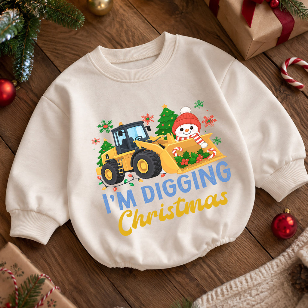 I'm Digging Christmas Baby Romper, Construction Loader Holiday Outfit, Snowman Toddler Christmas Romper, Cute 1st Christmas Gift — product view 5