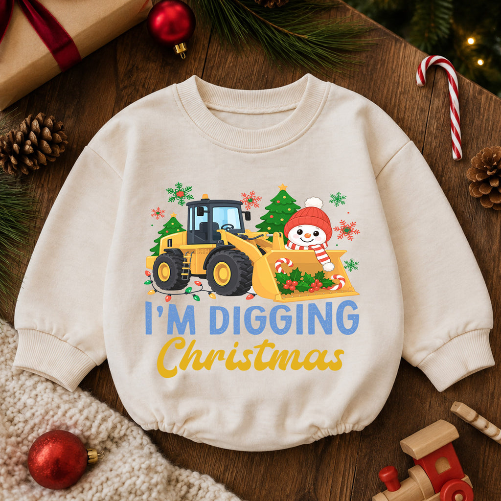 I'm Digging Christmas Baby Romper, Construction Loader Holiday Outfit, Snowman Toddler Christmas Romper, Cute 1st Christmas Gift — product view 6