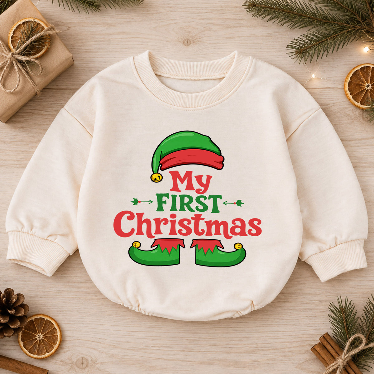 My First Christmas Baby Romper, Cute Elf Holiday Outfit, Christmas Romper, Toddler Xmas Gift, Baby 1st Christmas Keepsake — product view 1