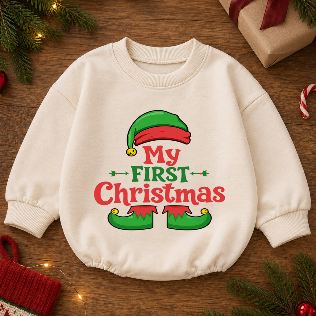 My First Christmas Baby Romper, Cute Elf Holiday Outfit, Christmas Romper, Toddler Xmas Gift, Baby 1st Christmas Keepsake — product view 2