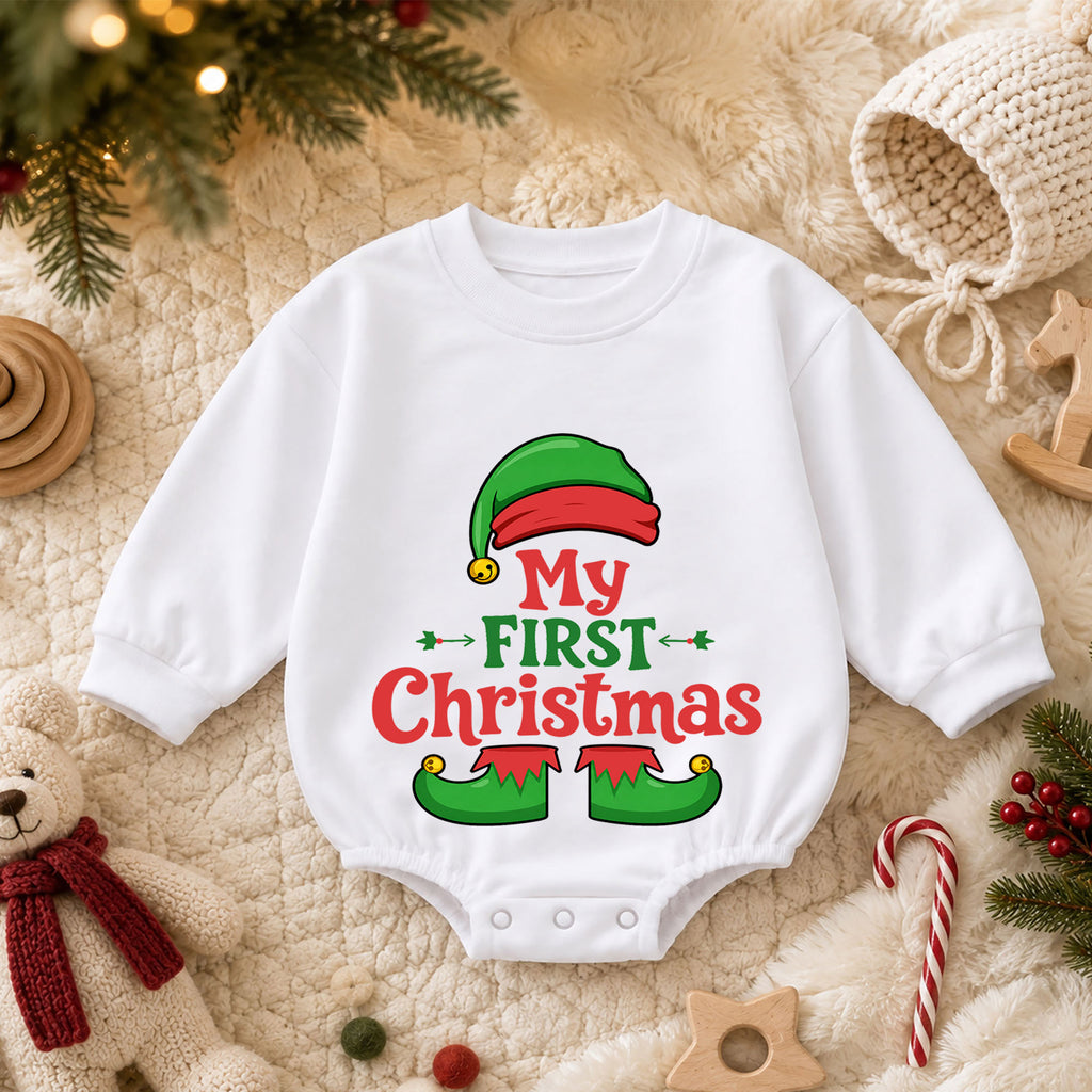 My First Christmas Baby Romper, Cute Elf Holiday Outfit, Christmas Romper, Toddler Xmas Gift, Baby 1st Christmas Keepsake — product view 3